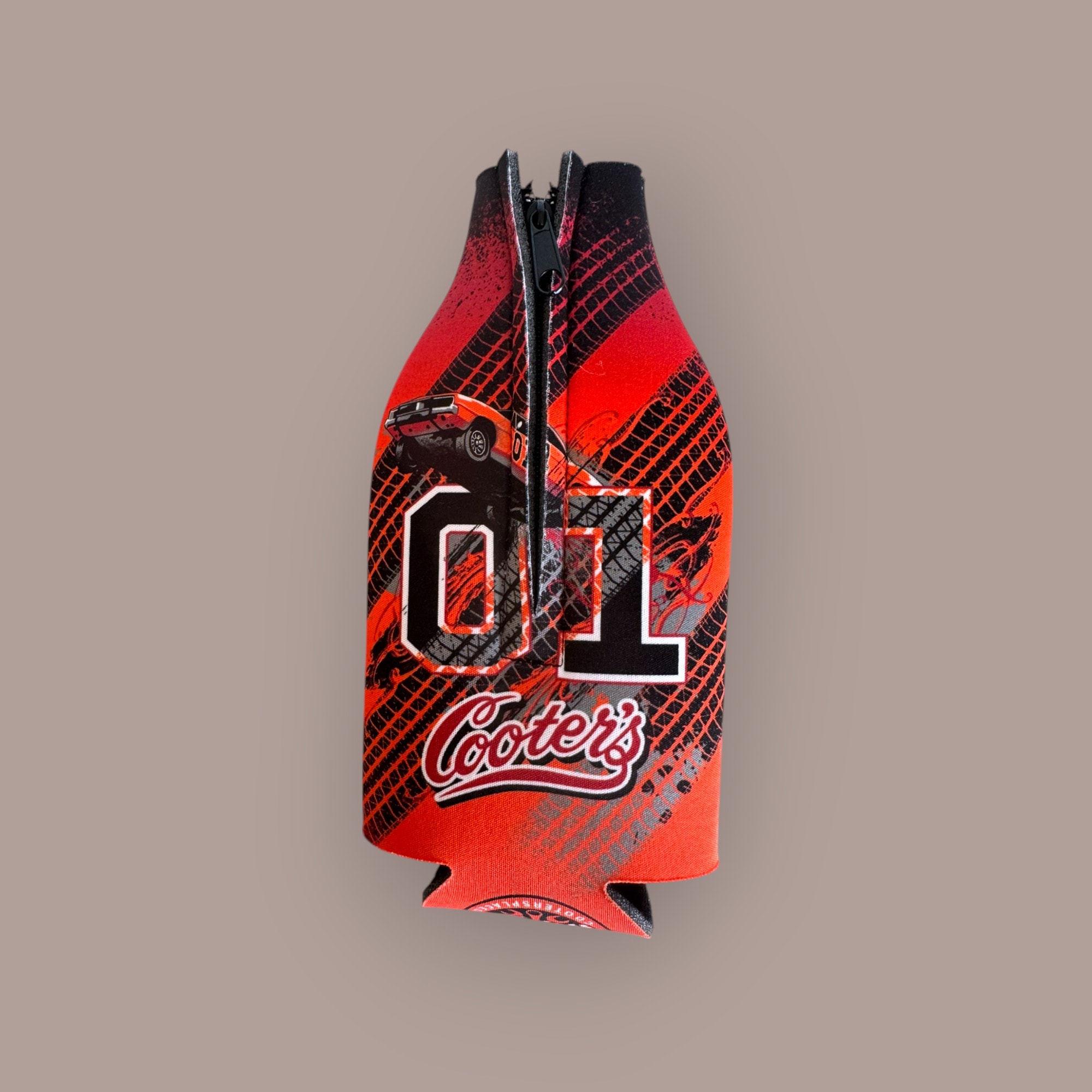 Cooter's Garage bottle coozie — red and black with 01 General Lee car graphic and zipper