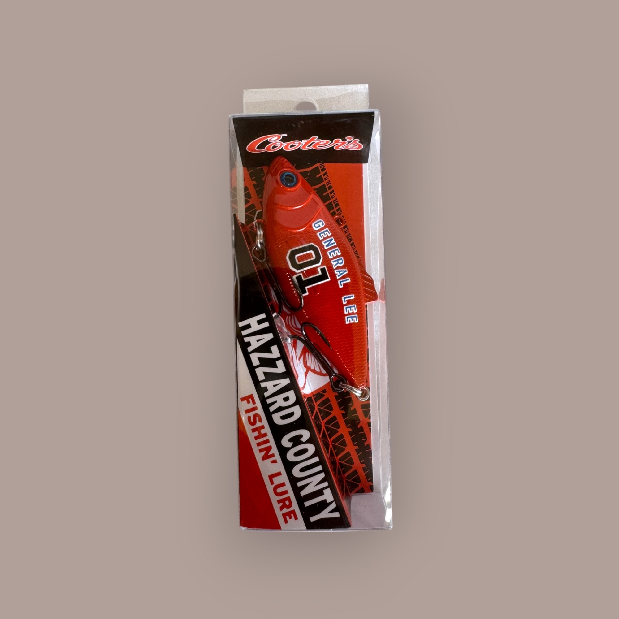Cooter's Hazzard County fishing lure — back of packaging with warning and store locations