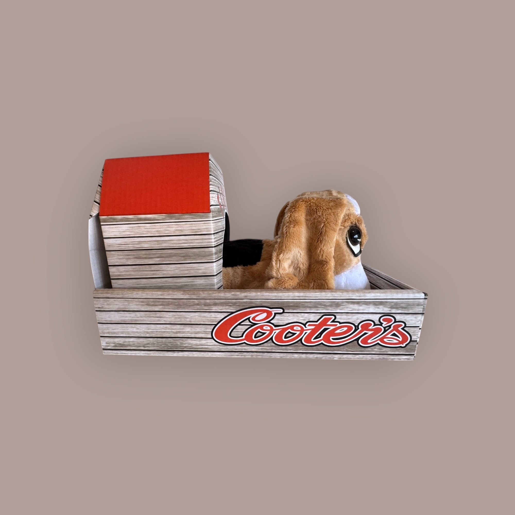 Flash the Bassett Hound plush toy — right side view in Cooter's branded crate