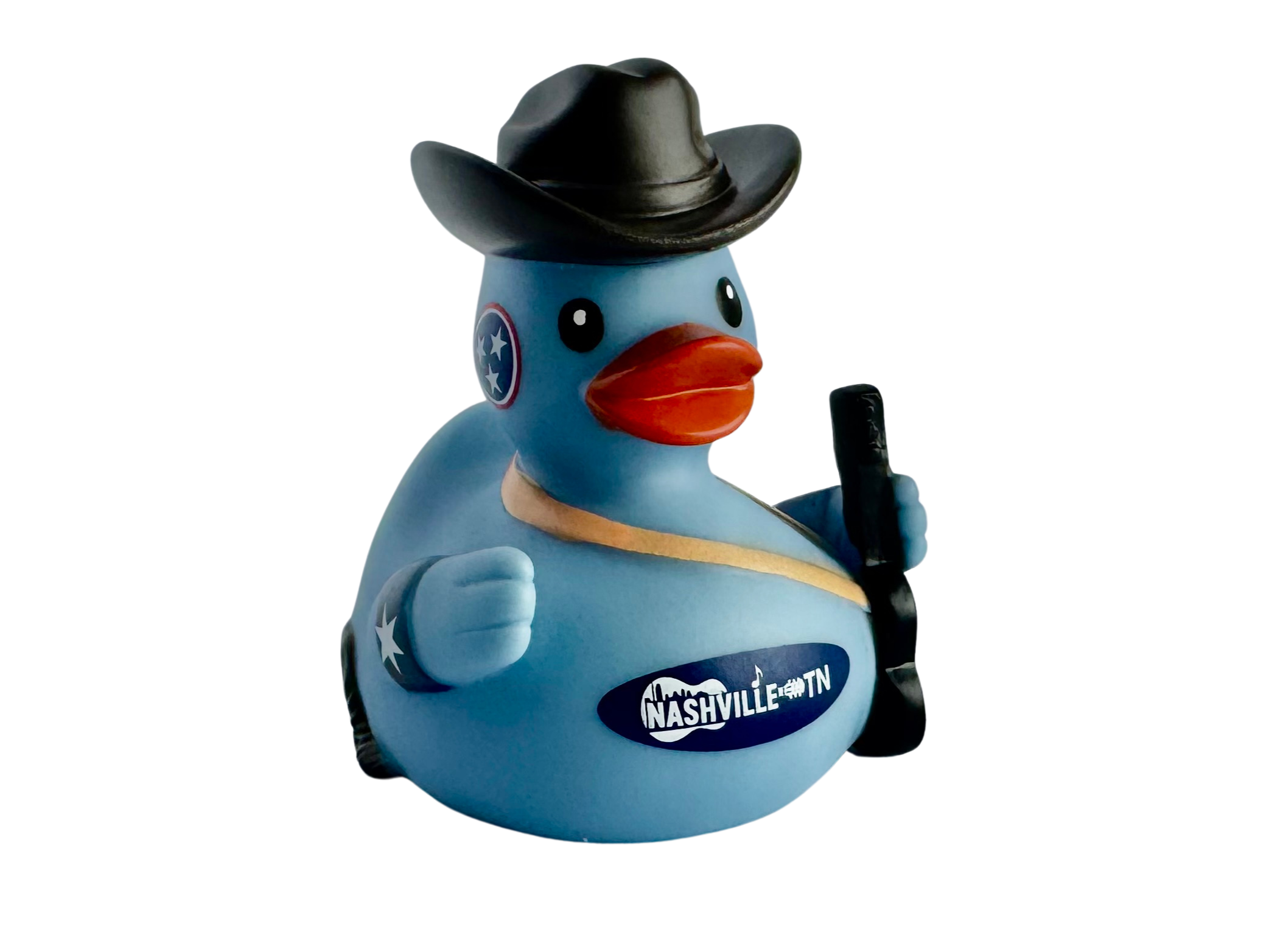 Nashville rubber duck — front view, cowboy hat, blue body