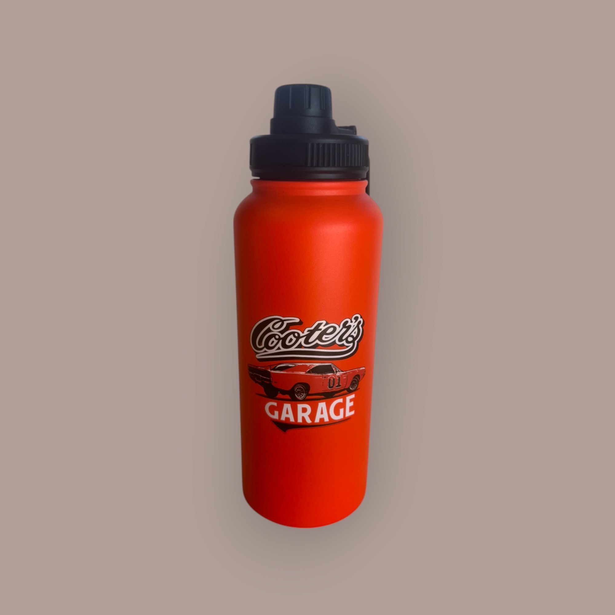 Cooter's Garage water bottle — orange with Cooter's Garage car graphic
